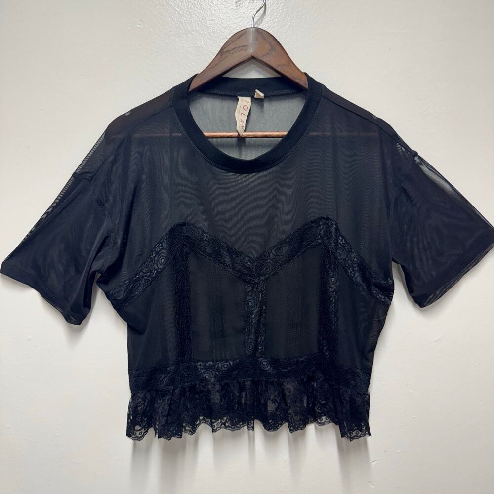 DOLAN Left Coast Black Sheer Mesh Lace Corset Peplum Top S Boho Romantic
